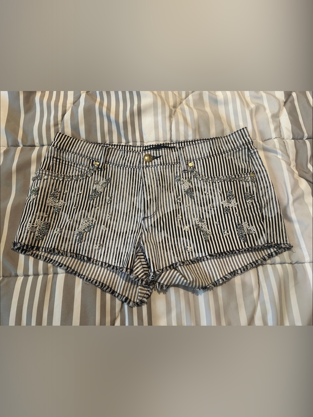 Juicy Couture Black and White Striped Embroidered Jean Shorts